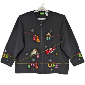 3X Black Full Zip Cardigan Christmas Sweater Winter Clothesline‎ Snowman Holiday